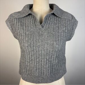 Willow & Wind Preppy Grey Ribbed Polo Crop Top Knit Vest Minimalist XS